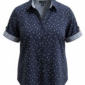 Erika Navy Star Print Short-Sleeve Button-Up